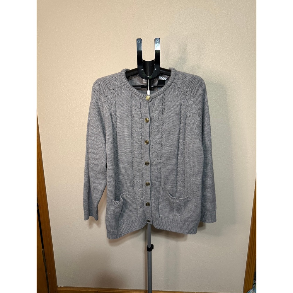 Bobbie Brooks Gray Cable Knit Cardigan Sweater Gold Crest Buttons XL 16/18 88244
